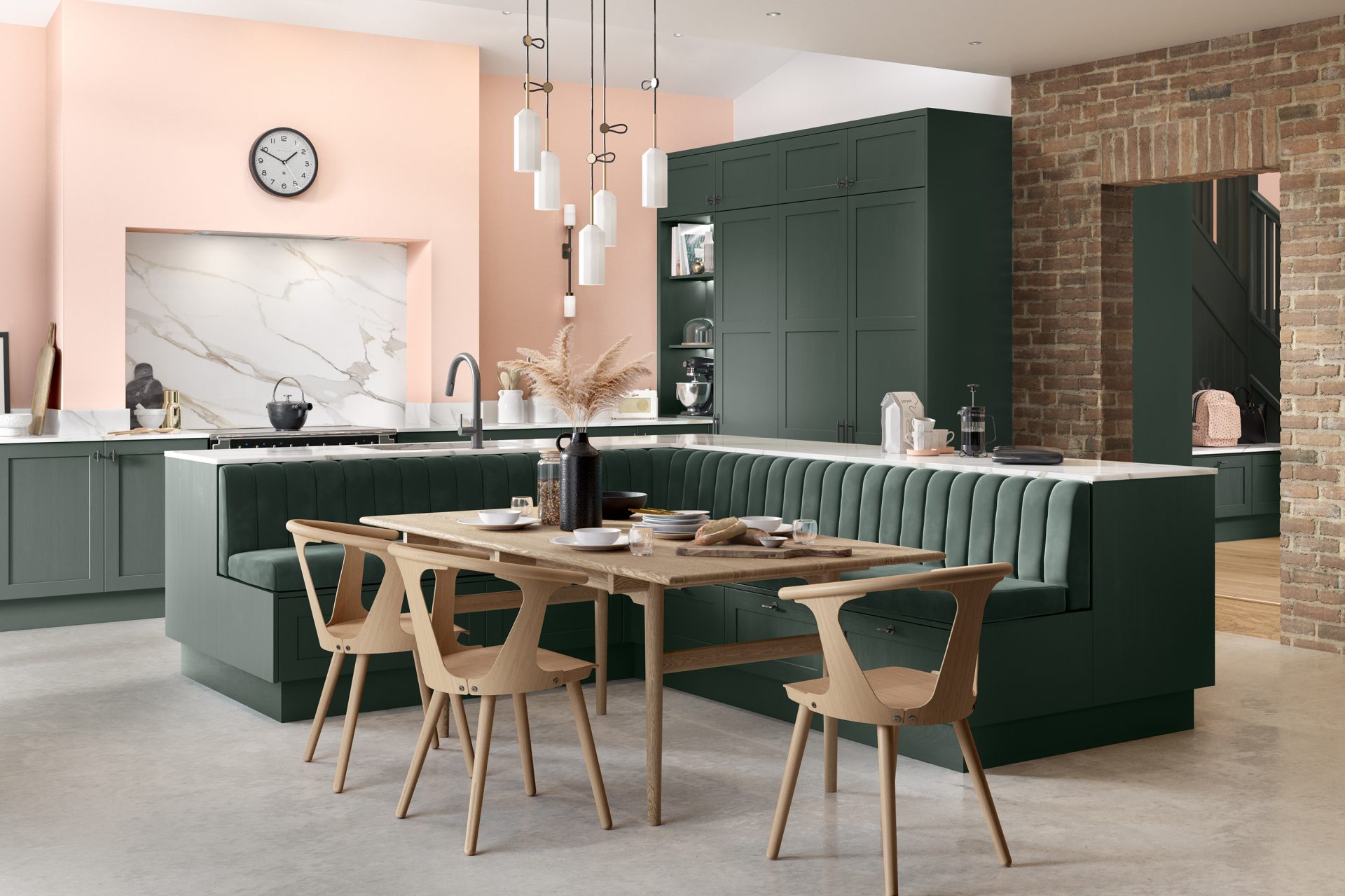 Aldana Heritage Green kitchen with island, exposed beams and soft traditional detailing