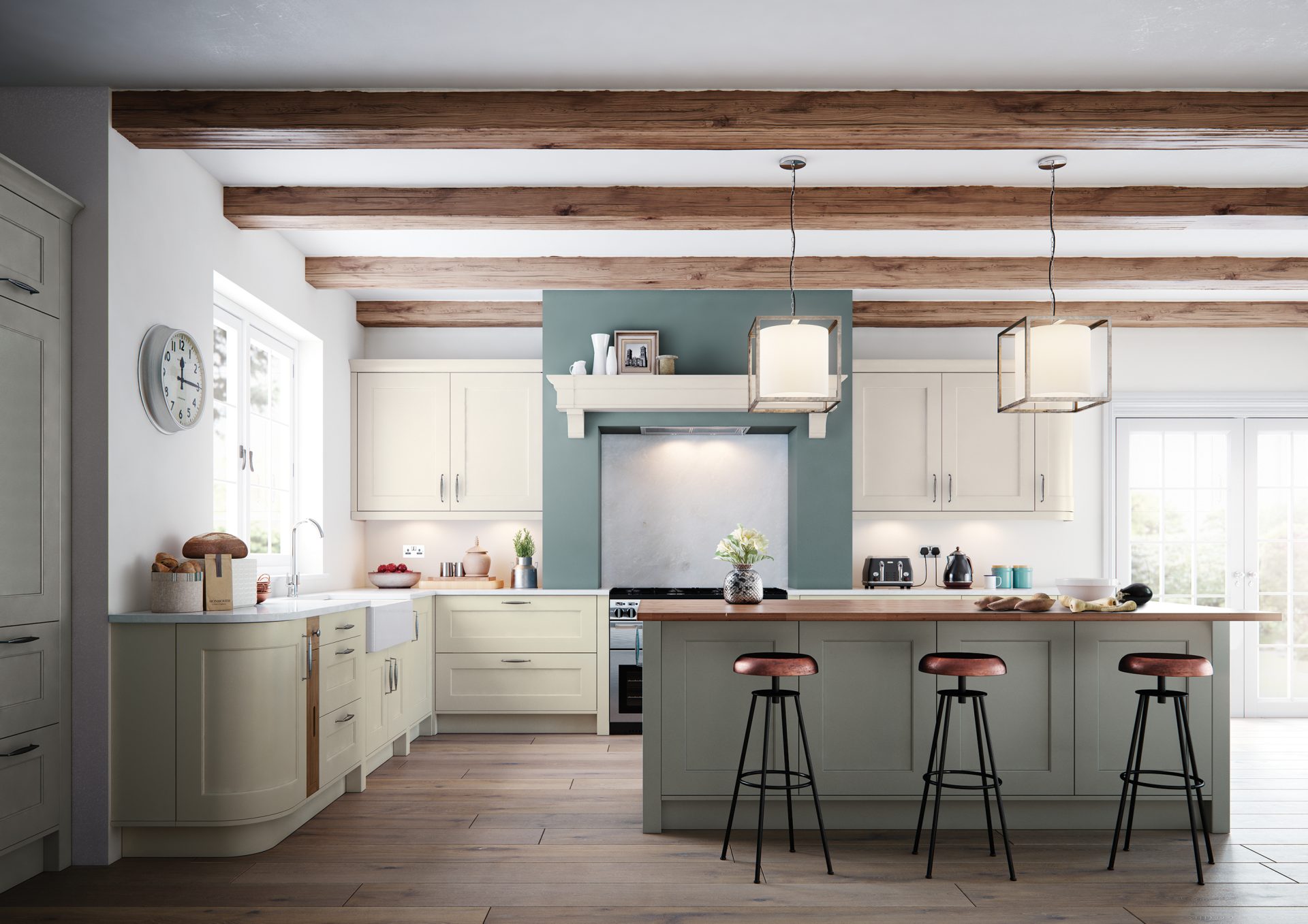 Florence traditional stone and porcelain kitchen with curved cabinetry and soft neutral tones