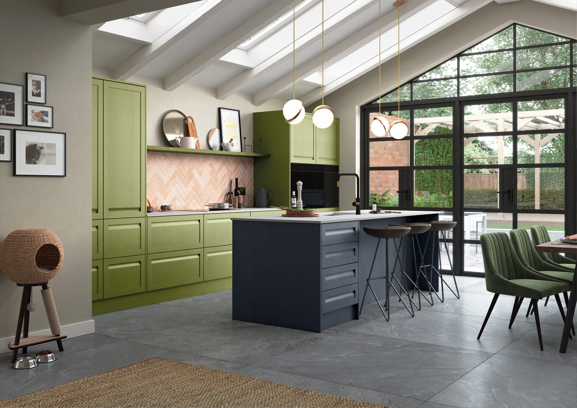 Harborne kitchen in Slate Blue and Stone with Citrus Green cameo detailing