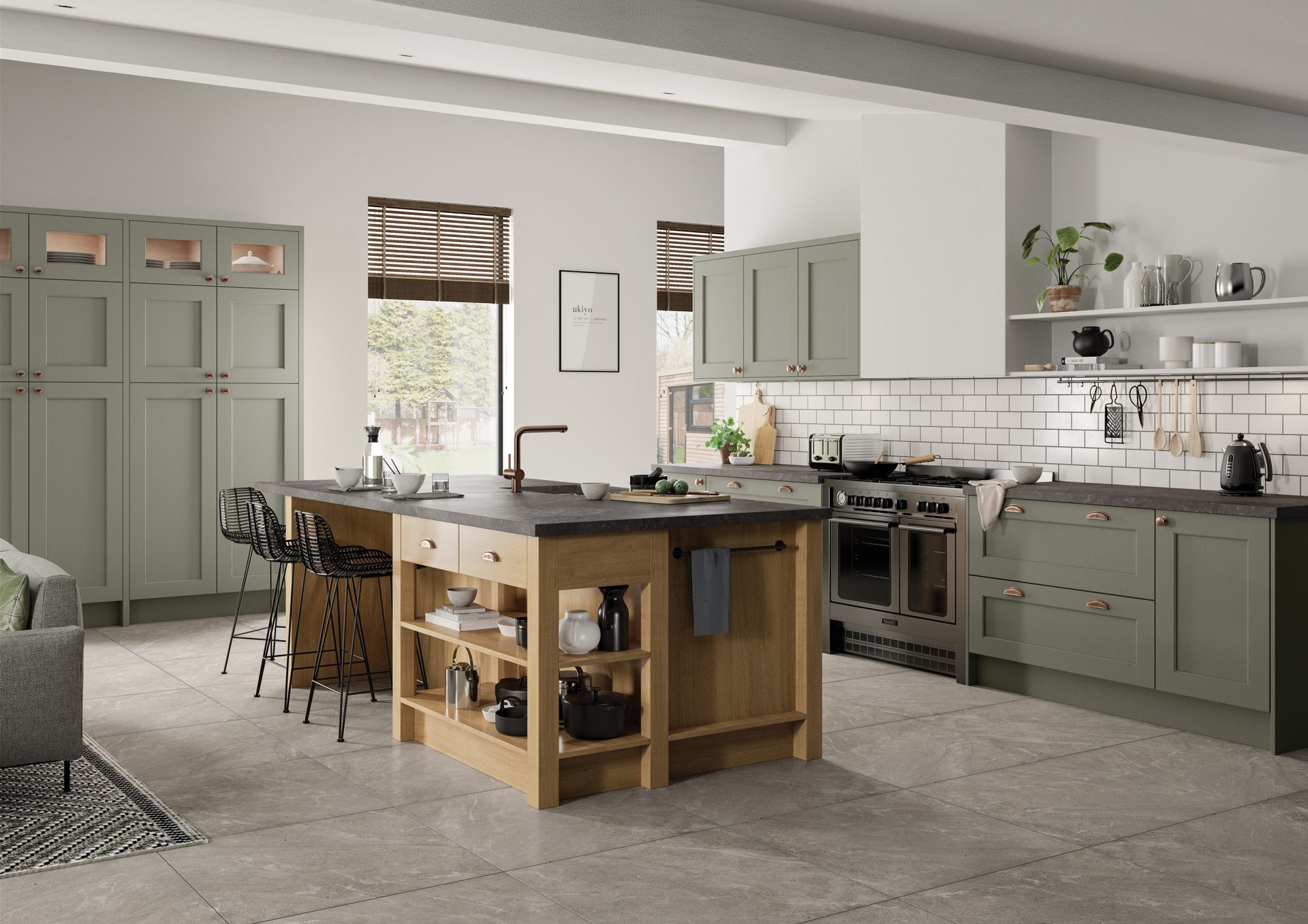 Wakefield Cardamom and Light Oak kitchen with open plan living, island and black framed glazing